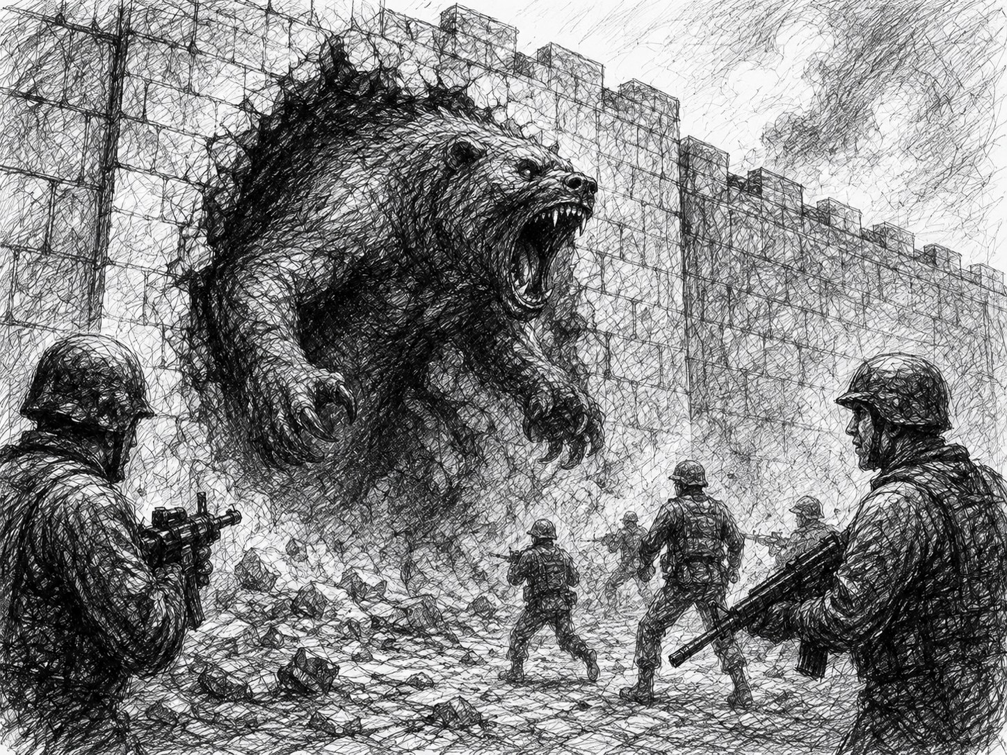Soldados enfrentam uma enorme criatura diante das muralhas