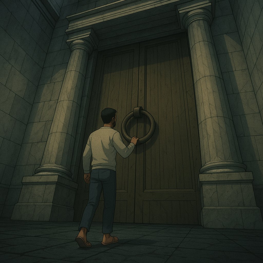 Homem diante de uma enorme porta de templo
